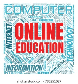 Internet education concept. Distance learning word cloud collage. E-learning illustration
