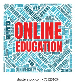Internet education concept. Distance learning word cloud collage. E-learning illustration