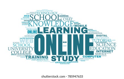 Internet education concept. Distance learning word cloud collage. E-learning illustration