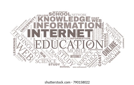 Internet education concept. Distance learning word cloud collage. E-learning illustration