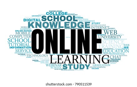 Internet education concept. Distance learning word cloud collage. E-learning illustration