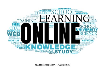 Internet education concept. Distance learning word cloud collage. E-learning illustration