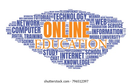 Internet education concept. Distance learning word cloud collage. E-learning illustration