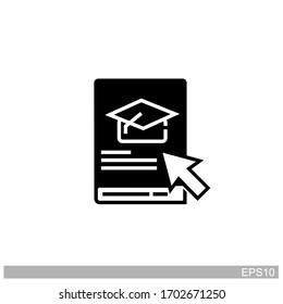 concepto de educación en Internet, cursos distantes en línea, recursos de e-learning.icono de libro con una imagen de un sombrero de imagen y cursor.diseño vectorial
