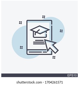 concepto de educación en Internet, cursos distantes en línea, recursos de e-learning.icono de libro con una imagen de un sombrero de imagen y cursor.diseño vectorial
