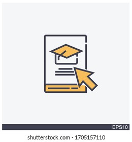 internet education concept,distant online courses, e-learning resources.book icon with a picture of a toge hat and cursor.vector design
