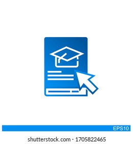 concepto de educación en Internet, cursos distantes en línea, recursos de e-learning.icono de libro con una imagen de un sombrero de imagen y cursor.diseño vectorial
