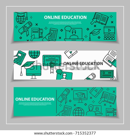 Internet education and learning horizontal web banners with line icons set. Study online; web courses and video tutorials in linear style, vector illustration
