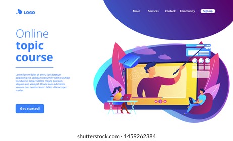 Internet education, remote website development school. Online workshop, online topic course, distance web learning, connect to our workshop concept. Website homepage landing web page template.