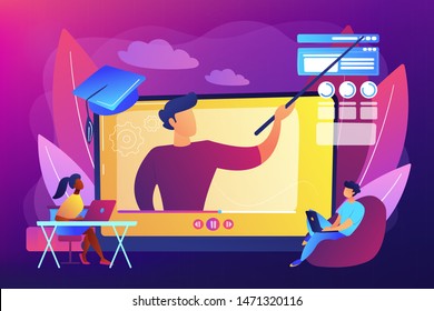 Internet education, remote website development school. Online workshop, online topic course, distance web learning, connect to our workshop concept. Bright vibrant violet vector isolated illustration