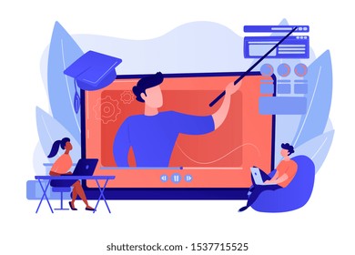 Internet education, remote website development school. Online workshop, online topic course, distance web learning, connect to our workshop concept. Pinkish coral bluevector isolated illustration