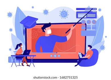 Internet Education, Remote Website Development School. Online Workshop During Global Covid Pandemic, Home-schooling On Self-isolation Concept. Pinkish Coral Blue Vector Isolated Illustration