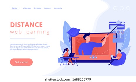 Internet education, remote website development school. Online workshop, online topic course, distance web learning, connect to our workshop concept. Website homepage landing web page template.