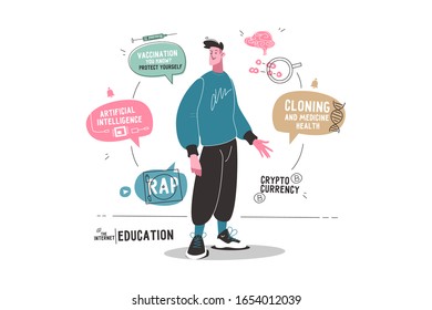 Internet education technology vector illustration. Guy with informational speech bubbles of rap, artificial intelligence, vaccination, cloning, medicine health, crypto currency. Modern internet tech