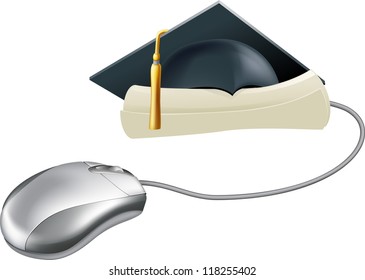 Internet education, training or learning concept, a computer mouse connected to a diploma or certificate scroll  with graduation mortar board cap on it.