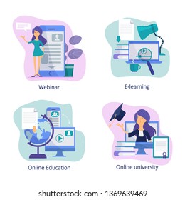 Internet education. Web classroom for distance tutorials online courses and webinars virtual trainings vector illustrations