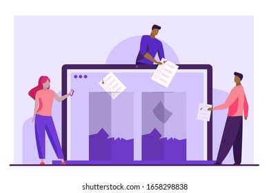 Internet or electronic voting. Man throwing forms into ballot box on laptop display flat vector illustration. Election campaign, poll, democracy concept for banner, website design or landing web page
