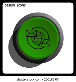 Internet e-mai, envelope lette, Globe. icon. vector design Green Start button, forward, to continue. Flat design style.