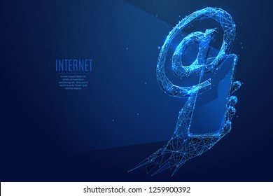 Internet. Email concept. AT internet symbol on smartphone screen.Email Vector low poly wireframe in the form of a starry sky, consisting of points, lines, and shapes in the form of stars. Internet. Email concept. AT internet symbol on smartphone screen.Email Vector low poly wireframe in the form of a starry sky, consisting of points, lines, and shapes in the form of stars.