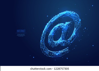 Internet AT or email symbol. The At symbol composed of polygons. Low poly vector illustration of a starry sky or Comos. The At consists of lines, dots and shapes. Polygonal image of internet .