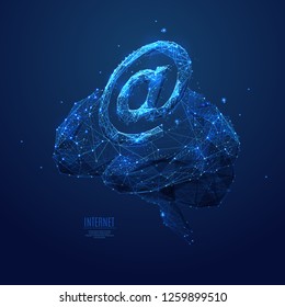 At internet email symbol and human brain. Technological concept. Low poly blue. Polygonal abstract illustration. Low poly vector illustration of a starry sky or Cosmos. Vector image in RGB Color mode.