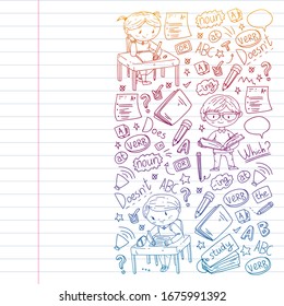 Internet englinsh course. Learn language online. Education vector illustration. Kids drawing doodle style image.