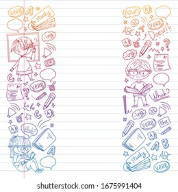 Internet englinsh course. Learn language online. Education vector illustration. Kids drawing doodle style image.