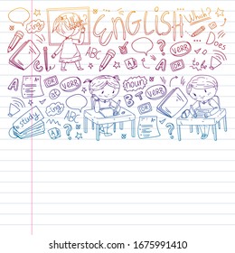 Internet englinsh course. Learn language online. Education vector illustration. Kids drawing doodle style image.