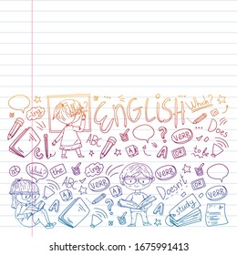 Internet englinsh course. Learn language online. Education vector illustration. Kids drawing doodle style image.