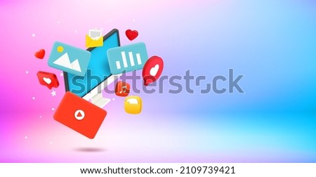 Internet entertainment concept. 3d vector landscape orientation banner with copy space