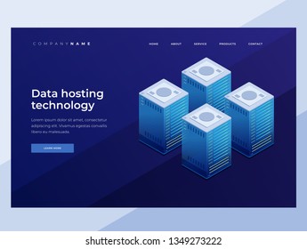 Internet equipment industry. Data transfer technology. Illustration of a network telecommunications server. 3D isometric design. Landing Page. Vector illustration for web banners.