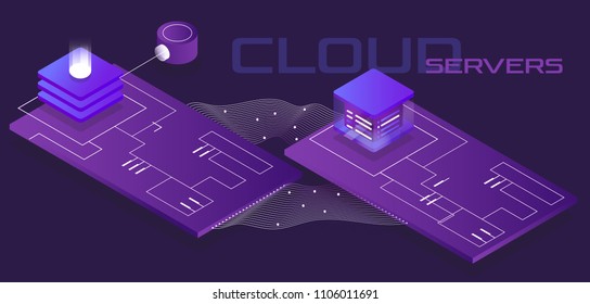 Internet equipment industry. Data transmission technology and data protection. Illustration of network telecommunication server. Cloud storage. 3d isometric flat design.