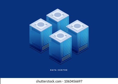 Industria de equipos de Internet. Alojamiento. Tecnología de transmisión de datos. Ilustración del servidor de telecomunicaciones en red. Diseño isométrico 3d. Perfecto para banners, sitios web y presentaciones.