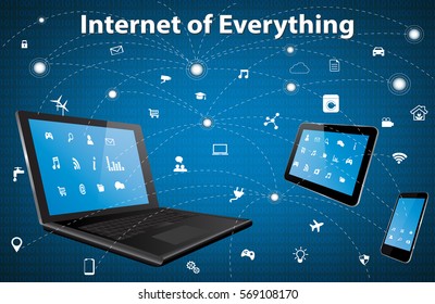 Internet of everything concept with different icon and elements. Digital Network Connection Modern communication technology. Laptop, Tablet Pc and Smart Phone with apps.