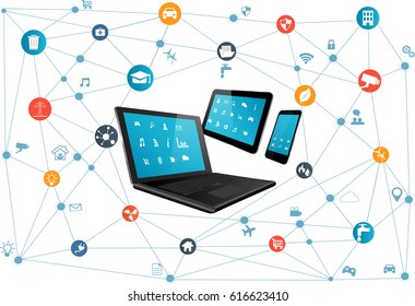 Internet of everything concept with different icon and elements. Digital Network Connection Modern communication technology. Laptop, Tablet Pc and Smart Phone with apps. Wireless communication network