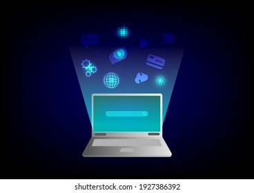 Internet is everything concept. Laptop or computer notebook with business, learning, and technology icon with light ray. Internet connection and network. Communication and online global.