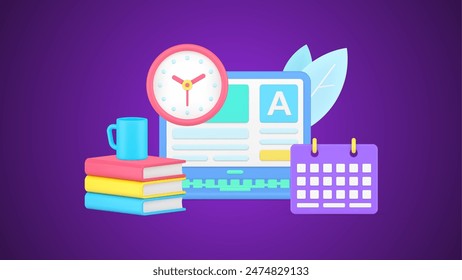 Internet exam laptop user interface with wall watch and schedule 3d icon isometric vector illustration. Online remotely education e learning video tutorial website with stack books and coffee tea mug