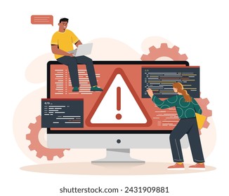 Internet failure concept. Man and woman near computer monitor with problems in code. Application or program. Programmers and IT specialists at workplace. Cartoon flat vector illustration