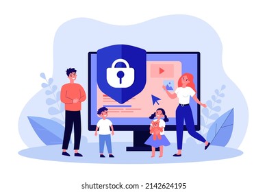 Internet Filter To Control Social Media Content For Kids. Tiny Man, Woman And Children Standing Near PC Lock Screen Flat Vector Illustration. Ban Concept For Banner, Website Design Or Landing Web Page