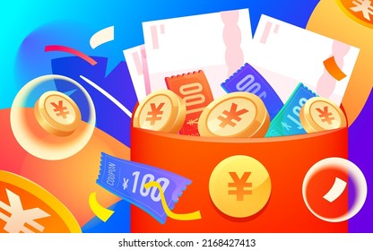Internet finance financial management with red envelopes in the background with many gold coins and coupons, vector illustration
