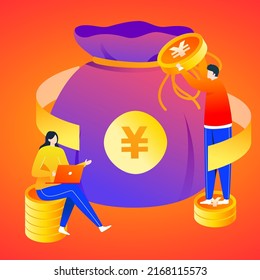 Internet financial management, money bag with lots of gold coins and coupons, vector illustration