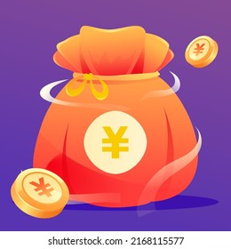 Internet financial management, money bag with lots of gold coins and coupons, vector illustration