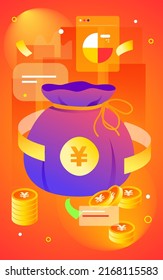 Internet financial management, money bag with lots of gold coins and coupons, vector illustration