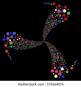 Internet fireworks swirl rotation. Vector illustration style is flat bright multicolored iconic symbols on a black background. Object whirlpool organized from random design elements.