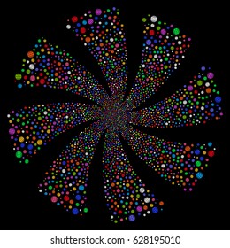 Internet fireworks swirl rotation. Vector illustration style is flat bright multicolored iconic symbols on a black background. Object whirlpool constructed from random symbols.