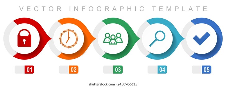 Internet-flache Design Infografik Vorlage, verschiedene Symbole wie Vorhängeschloss, Uhr, Menschen, Objektiv und Stimme, Vektor-Icons Kollektion