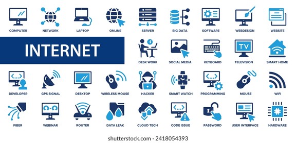 Internet-Flachsymbole gesetzt. Computer, Desktop, Netzwerk, Website, Server, Programmierung und mehr Zeichen. Kollektion von Flachsymbol.