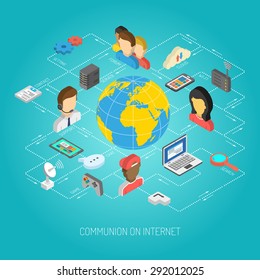 Internet flowchart concept with isometric web connection and communication icons and globe vector illustration