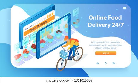 Internet Food Store. Boy by Bicycle Delivers Order. 24 7 Online Food Delivery Service. Buy with Mobile App and Tablet. Supermarket Showcase in Device. Web Site Landing Page. Isometric Vector EPS 10.