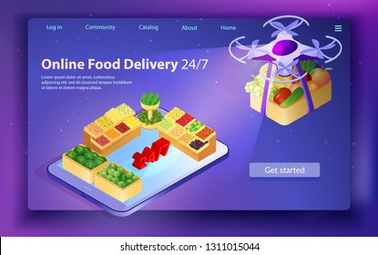 Internet Food Store. Delivery by Drone at Night. Supermarket Online in Tablet. Web Site Landing Page. Ordering Online Food Delivery. 24 7 Delivery Service. Buy with Mobile App. Vector EPS 10. 
